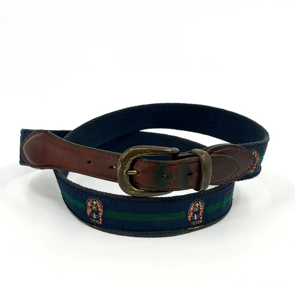 Vintage 80s YRI Navy Green Genuine Leather Preppy Woven Crest Belt